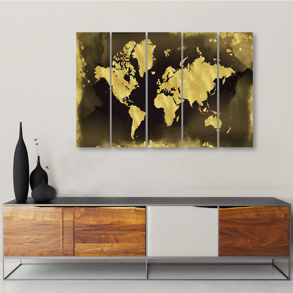 Feeby Cuadro 200x100 cm Mapa del mundo Continentes 5 Piezas Impresión en Material Tejido no Tejido Modernos Artística Imagen Decoración De Pared Salon Dormitorio Oficina Mapa de contorno Dorado