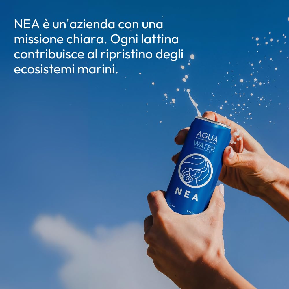 NEA Acqua Frizzante in Lattina di Alluminio Riciclabile - Acqua Minerale Effervescente di Sorgente Alpina - Pack 24 Lattine 33cl - Senza Plastica BPA Free - Bollicine Fini