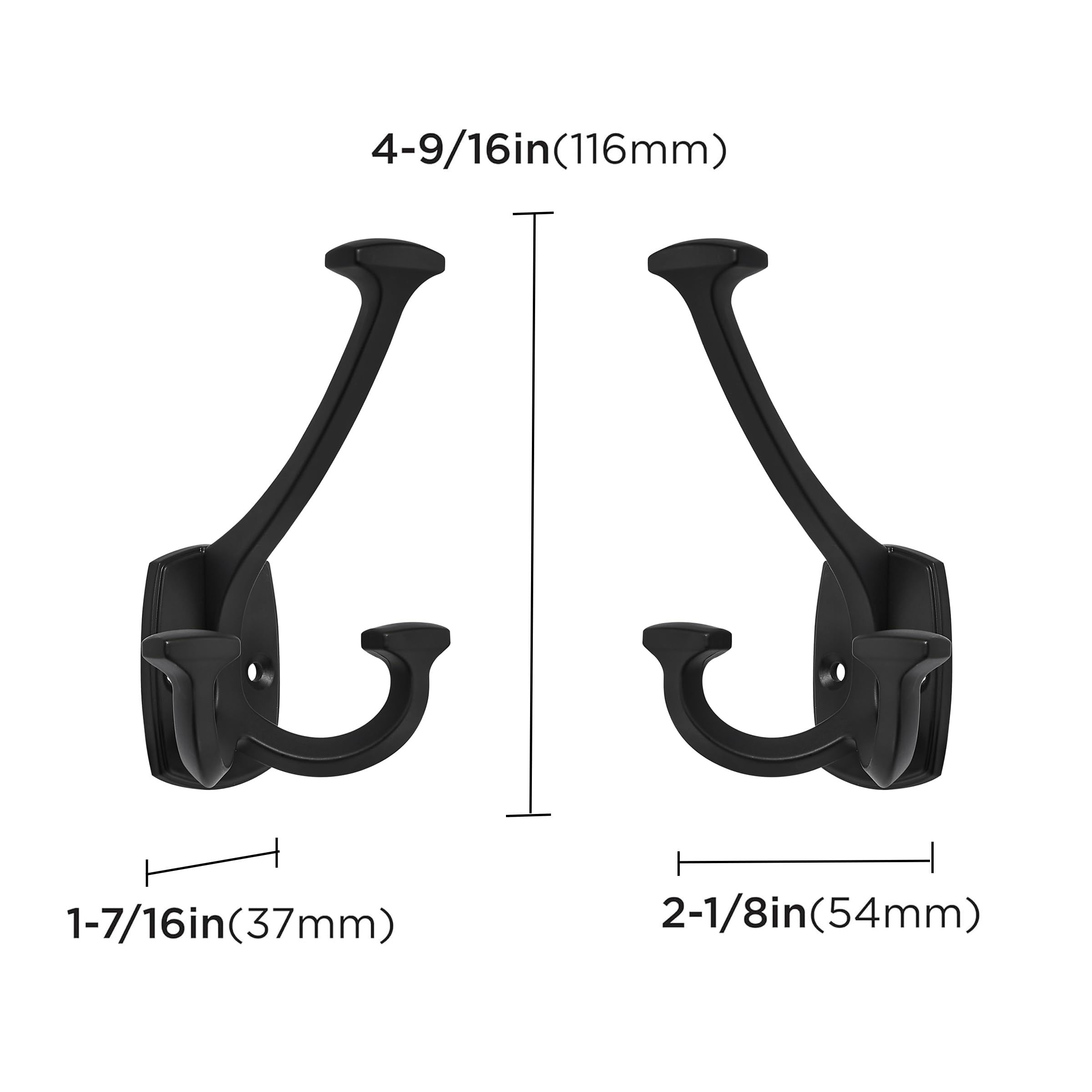 ZAUYX Large Wall Double-Sided Hook 5 Pack Matte Black Hook Decorative Heavy Duty Solid Large Coat Hooks for Towel Hanging Coats Robe Towel Bags Door Back 2 Prong Hooks