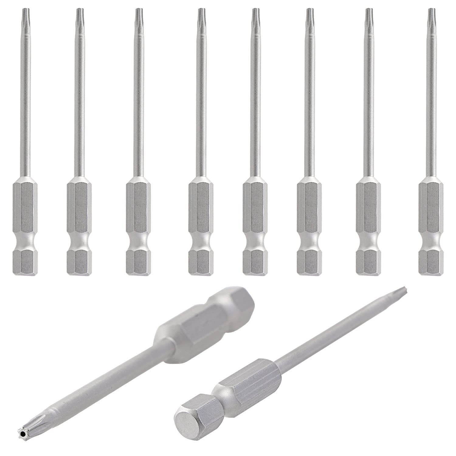 T8 z otworem, śrubokręt Torx, zabezpieczony przed manipulacją, sześciokątny uchwyt 1/4", stal S2, magnetyczna, długość 75 mm, 10 sztuk