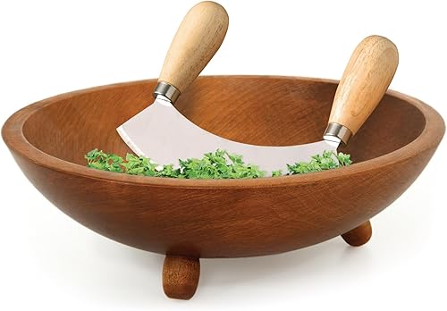 Miniatura 4 de HIC Kitchen Mezzaluna - Picador mecedor y cuchillo de picar con asas dobles, acero inoxidable, madera de caucho, para hierbas, verduras, nueces y más