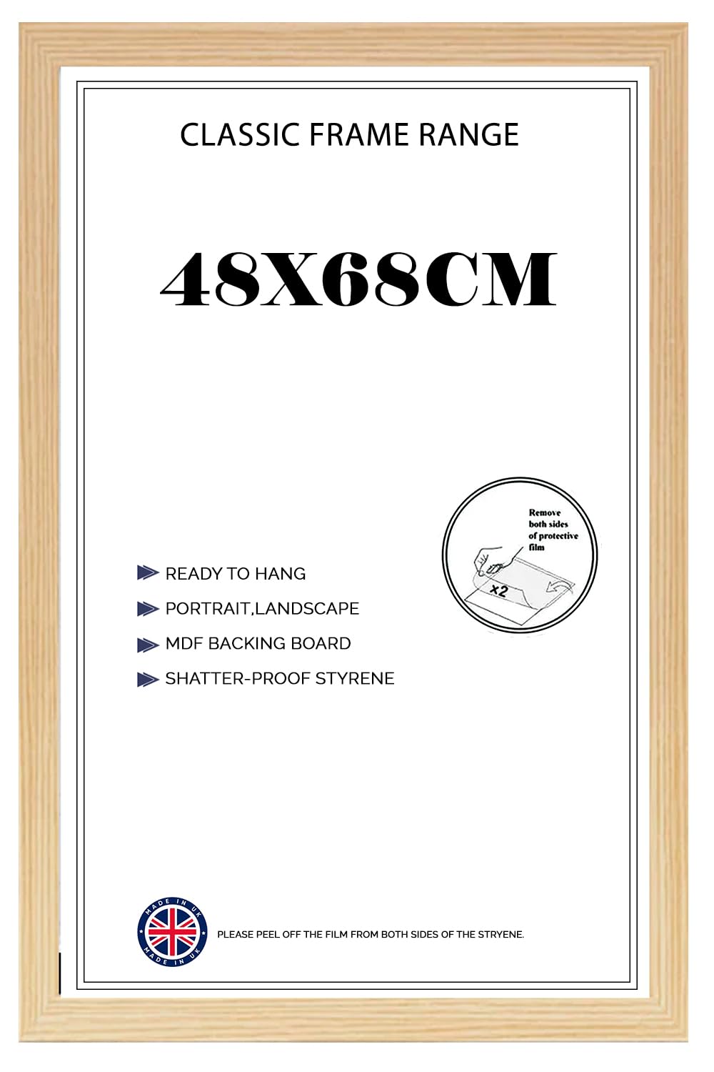 Modern Classic Pine MDF Wooden Picture/Photo/Poster Frame 48 x 68 cm (18.89 x 26.77 inches) with Shatter-Proof Styrene Front