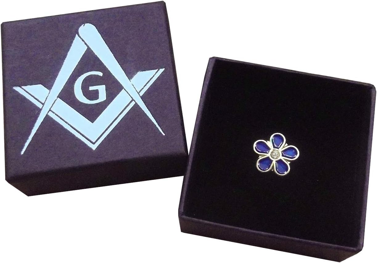 Small Masonic Forget Me Not DIAMANTE Pin Badge + Embossed Gift Box/Gold Tone Lapel Gift