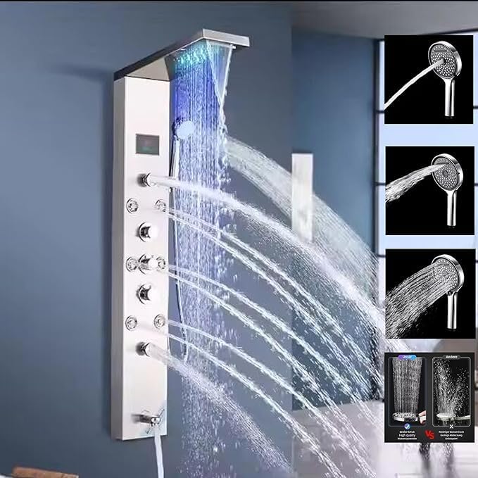 Thermostatic Shower Panel Stainless Steel 304 8 in 1 System with Temperature Digital LED Display, Overhead Shower Dual Flow, Body Massage Jets, Handheld Shower Spray, Chrome Finish