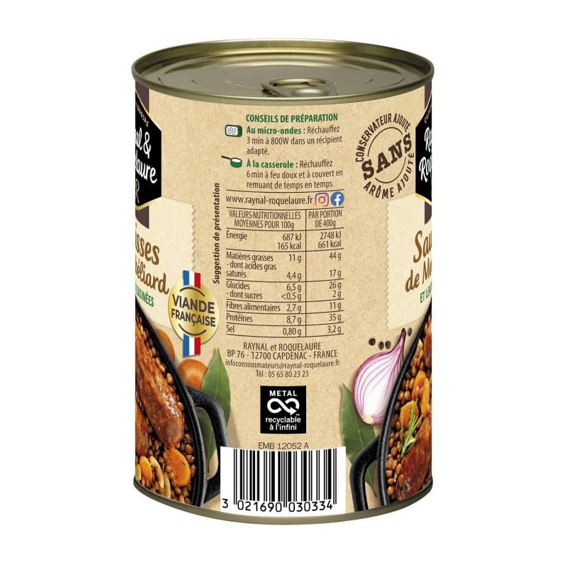 Délicieuses Saucisses de Montbéliard et Lentilles en Conserve 400g Raynal et Roquelaure - Saveurs Maison - Repas Prêt-à-MangerAutowired - Le Lot De 3