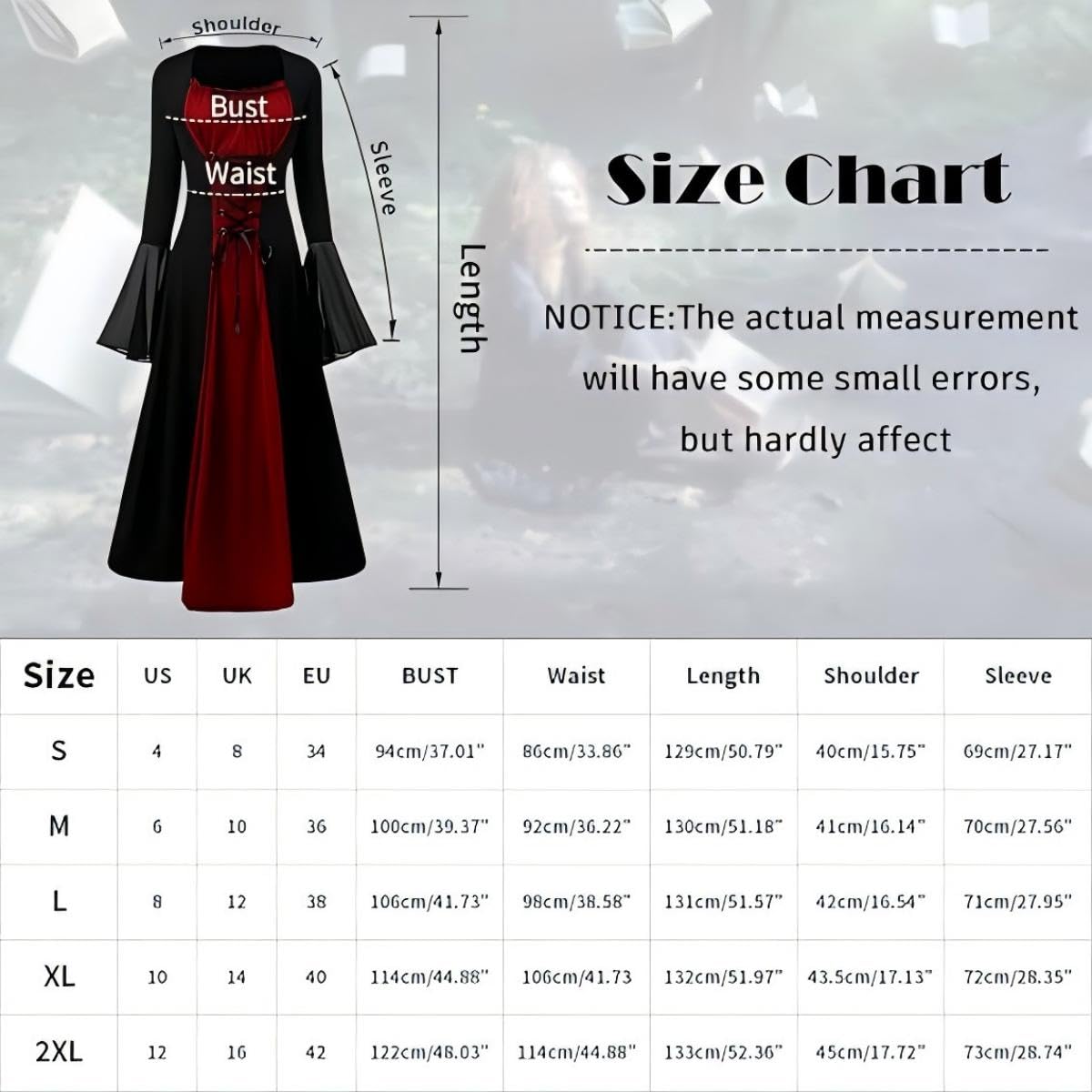 CNVAUIE Costume rinascimentale da donna, abito medievale con maniche a tromba gotico, maxi abito per carnevale, Halloween, feste