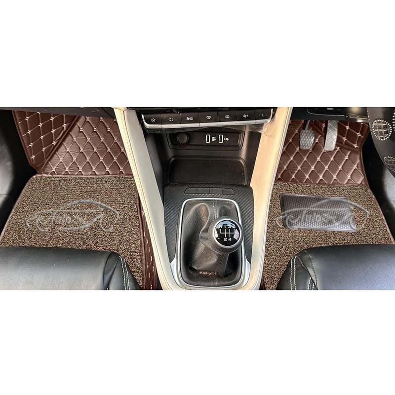 Image of Luxury 7D Car Floor Mat Full Set for Skoda Kushaq (2021) | 7 Layer Protection Mats | Luxury Leather with Noodle /Curly Car Foot Mat with Heal Pad | Anti-Skid & Waterproof (Coffee Beige)