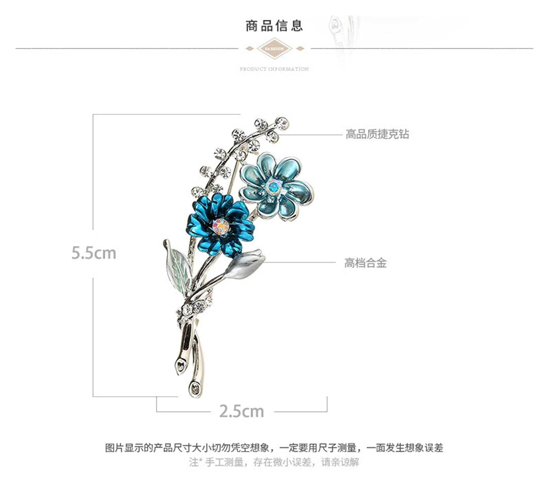 RWRAPS Emaille-Brosche mit blauen Blumen, Blumenstrauß, Strass-Pflanzenschmuck, Geschenke für Frauen und Mädchen (Metallfarbe: versilbert) ()