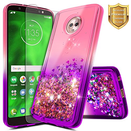 Moto Z Play Case w/[Tempered Glass Screen Protector], NageBee Glitter Liquid Quicksand Waterfall Floating Flowing Sparkle Shiny Bling Girls Cute Case for Motorola Moto Z Play Droid -Pink/Purple