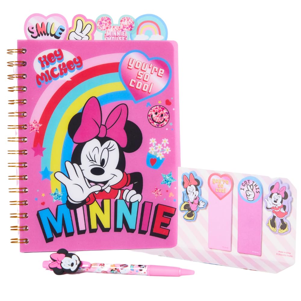 Disney Minnie Mouse Tab Journal Spiral Notebook, Ballpoint Pen, Sticky Tabs, 96 Lined Pages, Pink