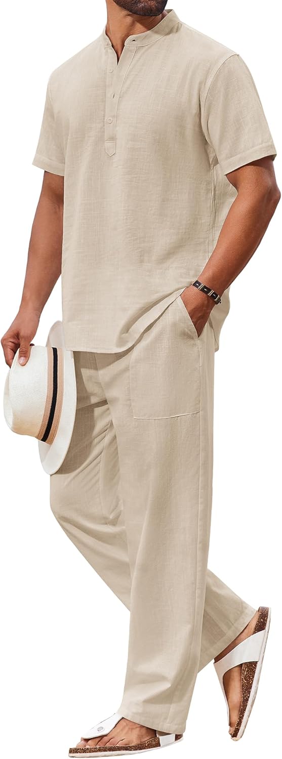 COOFANDY Men's 2 Piece Cotton Sets Casual Short Sleeve Henley Shirts and Beach Pants with Pockets Summer Vacation Outfits