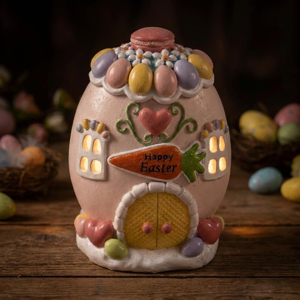 Lighted Easter Village Houses, 6.3" H Light Up Pink Resin Decorative Egg Figurine Table Centerpieces Decorations for Home Indoor, Spring Seasonal Tabletop Mantel Shelf Desk Top Room Decor