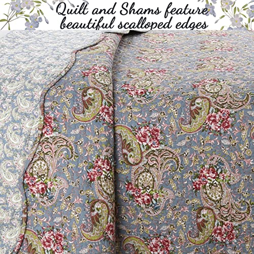 Cozy Line Home Fashions French Floral Country Cottage Blue Scalloped 100% Cotton Reversible Bedding Quilt Set, Bedspread, Coverlet (Provence Garden, King - 3 Piece) #TOP2
