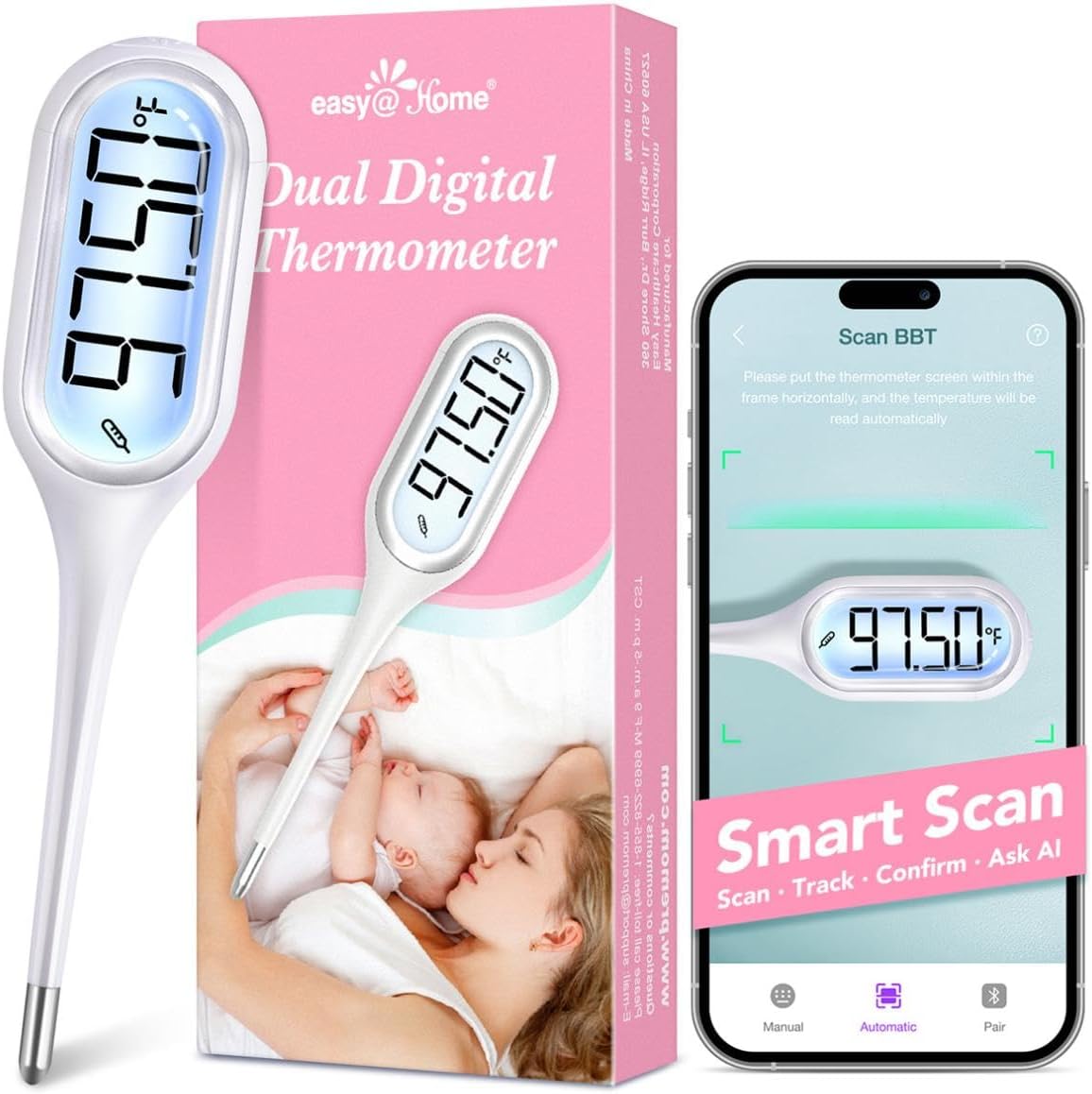 Easy@Home Basal Thermometer for Ovulation Tracking: 1/100th Degree Precision, Dual Mode - Accurate BBT & Fast Read for Fever | 30 Memory Recall, Premom App OCR Scan | EBT-013