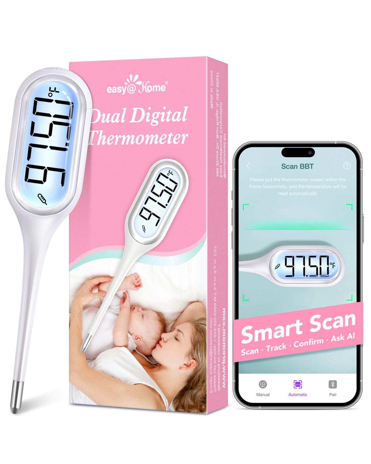 Digital Basal Body Thermometer: Easy@Home Accurate BBT for Ovulation Tracking & Fast Oral Thermometer with Large LCD Backlit Display | 1/100th Degree High Precision & Memory Recall | EBT-013