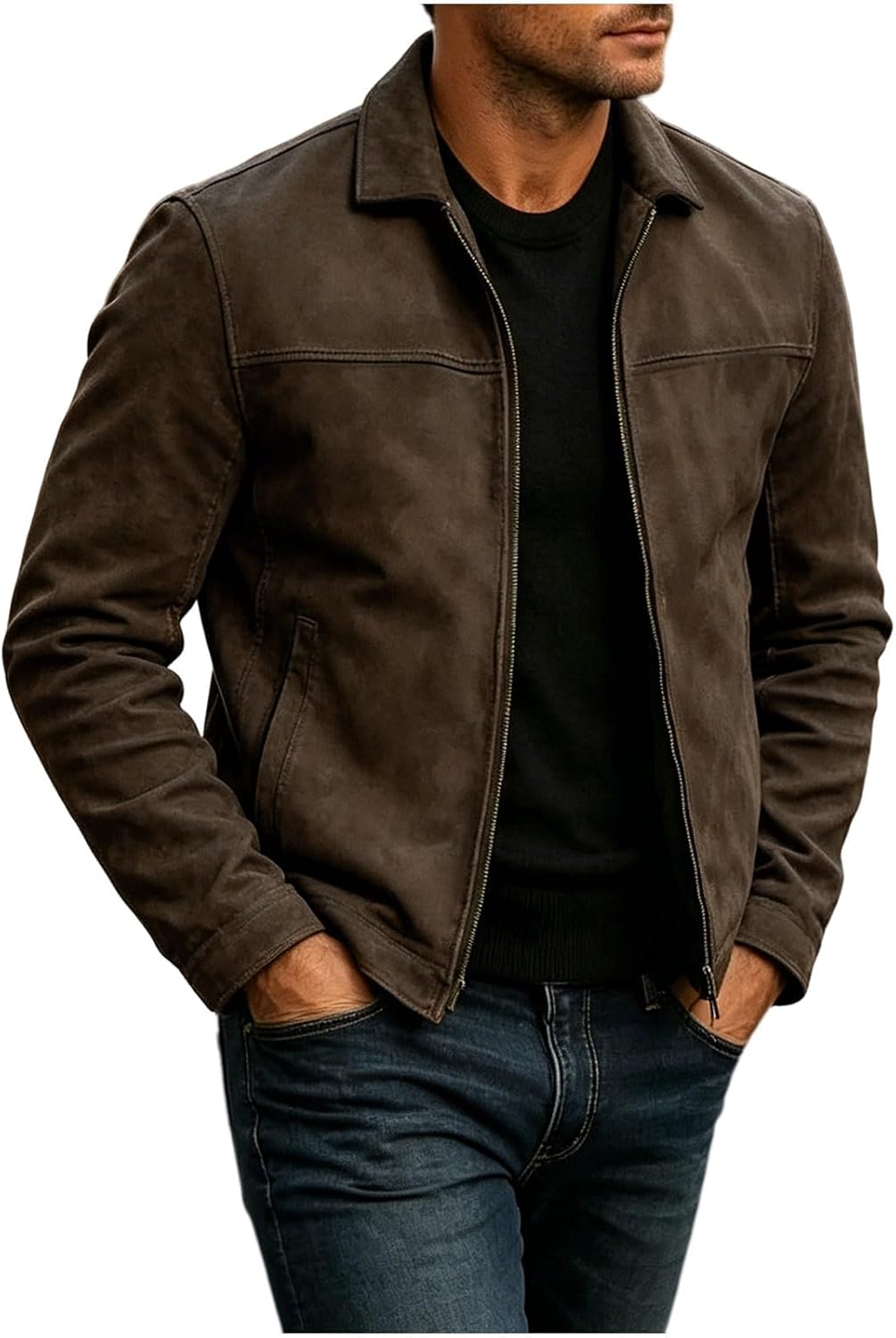 Men's Bomber Jacket Casual Suede Lightweight Full Zip | Men's Casual Suede Bomber Jacket Lightweight Full Zip Up Jackets Vintage Faux Leather Jacket Lapel Collar Coats