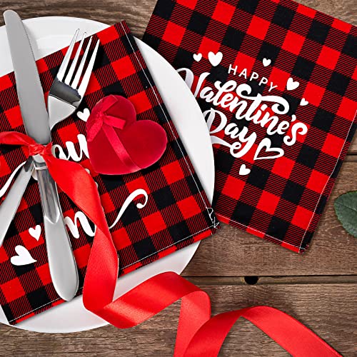 Anydesign Valentine's Day Cotton Cloth Napkins 18 X 18 Inch Red Black Buffalo Plaid Dinner Napkins Checkered Kitchen Table Top Collection For Wedding Anniversary Party Favor Supplies, 8 Pack #TOP2