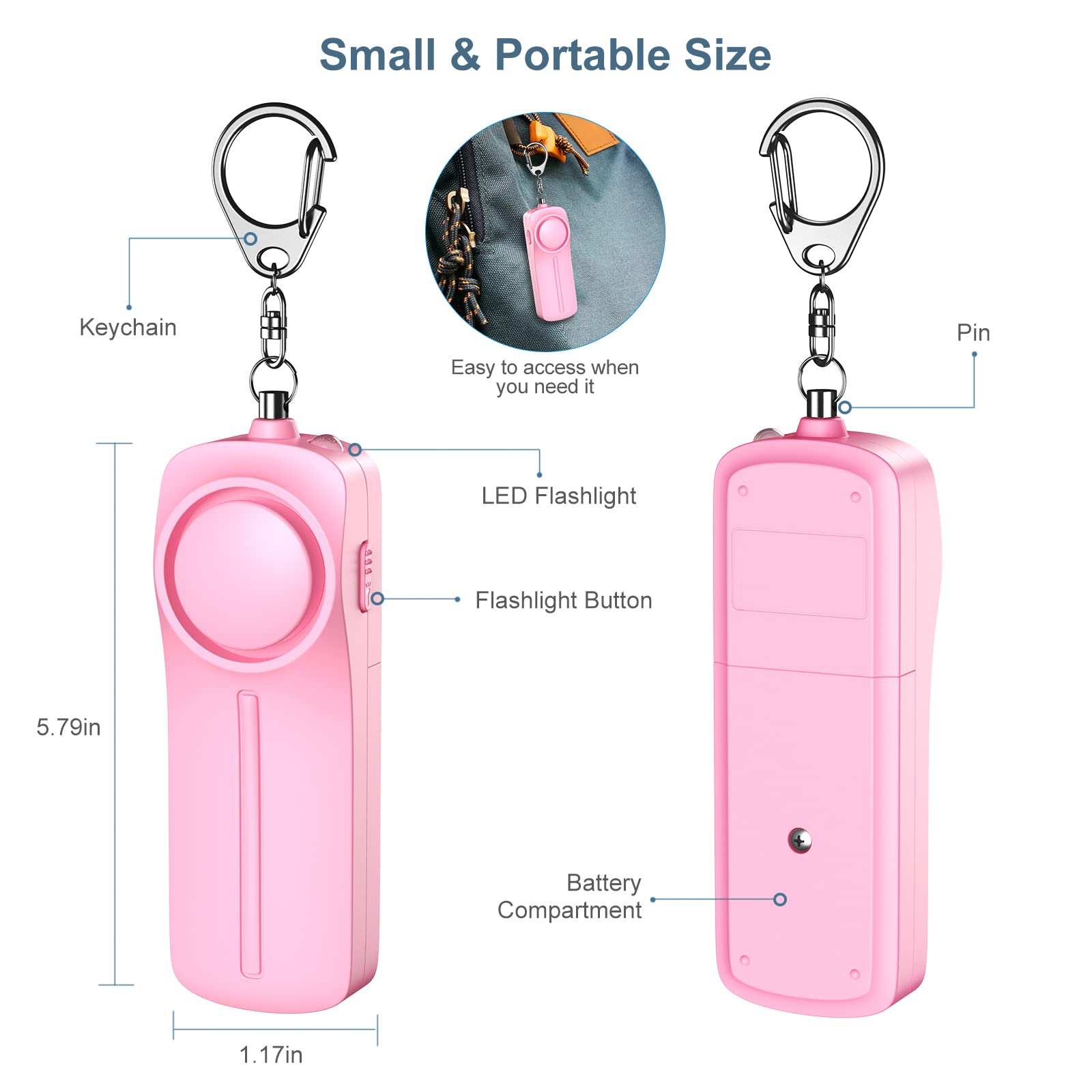 Lot de 4 alarmes personnelles avec alarme personnelle - Accessoires de porte-clés de sécurité pour femme, ensemble de porte-clés d'autodéfense avec alarme personnelle, rose
