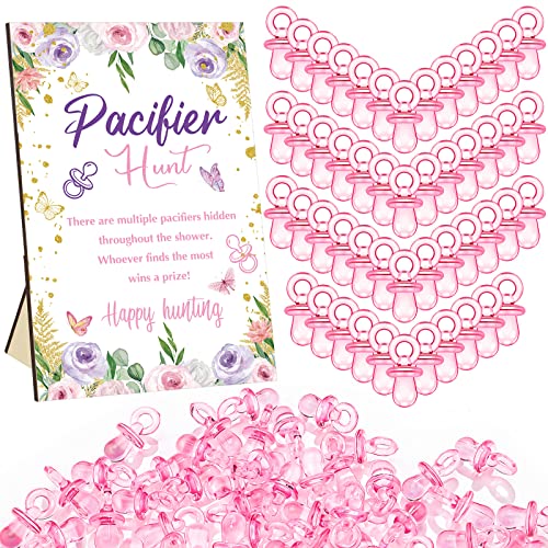 Image of Thyle 51 Pcs Pacifier Hunt Baby Shower Games Include Hunt Sign and 50 Acrylic Pacifiers for Baby Shower Game Decoration Gift Sets Gender Reveal Party Decor(Butterfly)