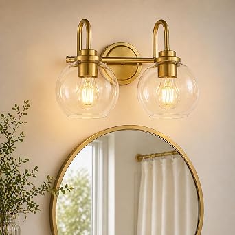 Gold Vanity Light 2 Light Bathroom Fixture with Clear Glass Shades, Modern Wall Sconce for Mirror, Vanity Lighting for Bathroom Bedroom Hallway Living Room