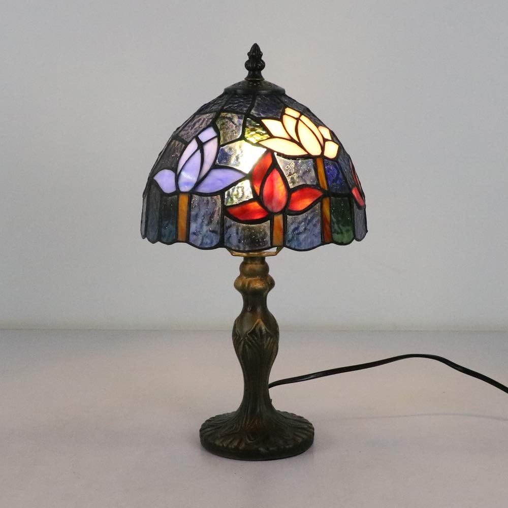 Tiffany Style Table Lamp for Lounge, 8 Inch Vintage Red Purple Flower Lamp Bedside Bedroom, Handmade Stained Glass Lamps for Living Room, Free LED Bulb