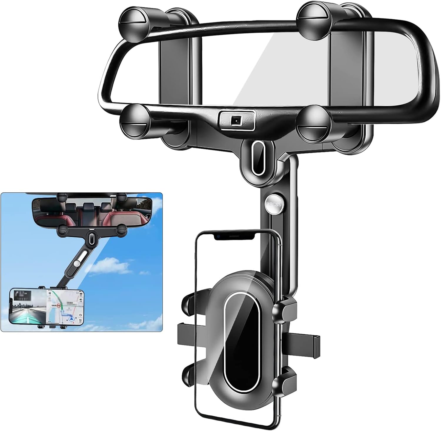 Rear View Mirror Phone Holder for Car 360° Rotatable and Retractable