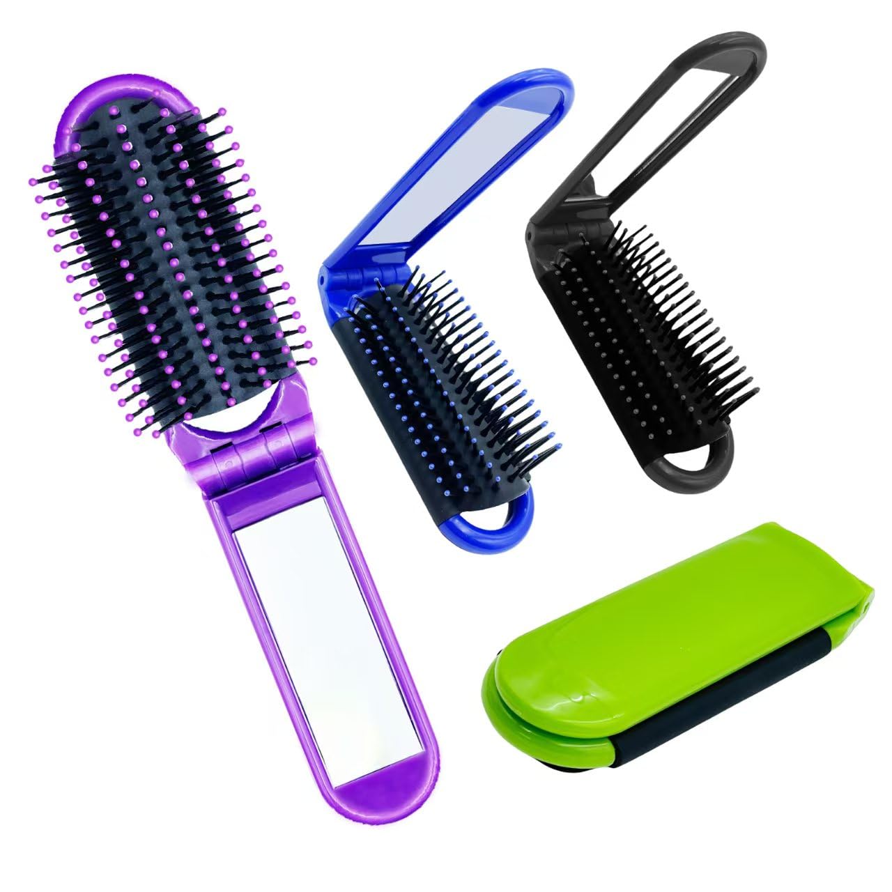 HYSENE 4 Pcs Folding Hair Brush with Mirror, Portable Foldable Hair Brush, Collapsible Travel Brush for Women, Men, Kids