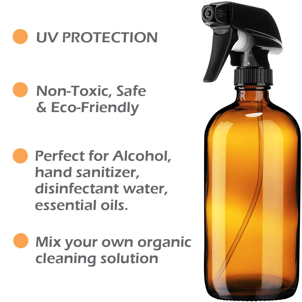 YUKI Empty Amber Glass Spray Bottles (2 Pack 8oz) Refillable Container for Cleaning Products, Essential Oils, or Aromatherapy - Durable Black Trigger Sprayer (Brown+Blue)