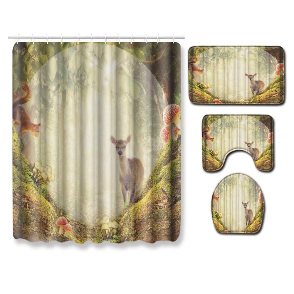 BOYOUTH 4Pcs Deer and Squirrels in the Forest Pattern Digital Print Shower Curtains Sets with Bath Mat,Contour Rug,Toilet Lid Cover for Bathroom Decor