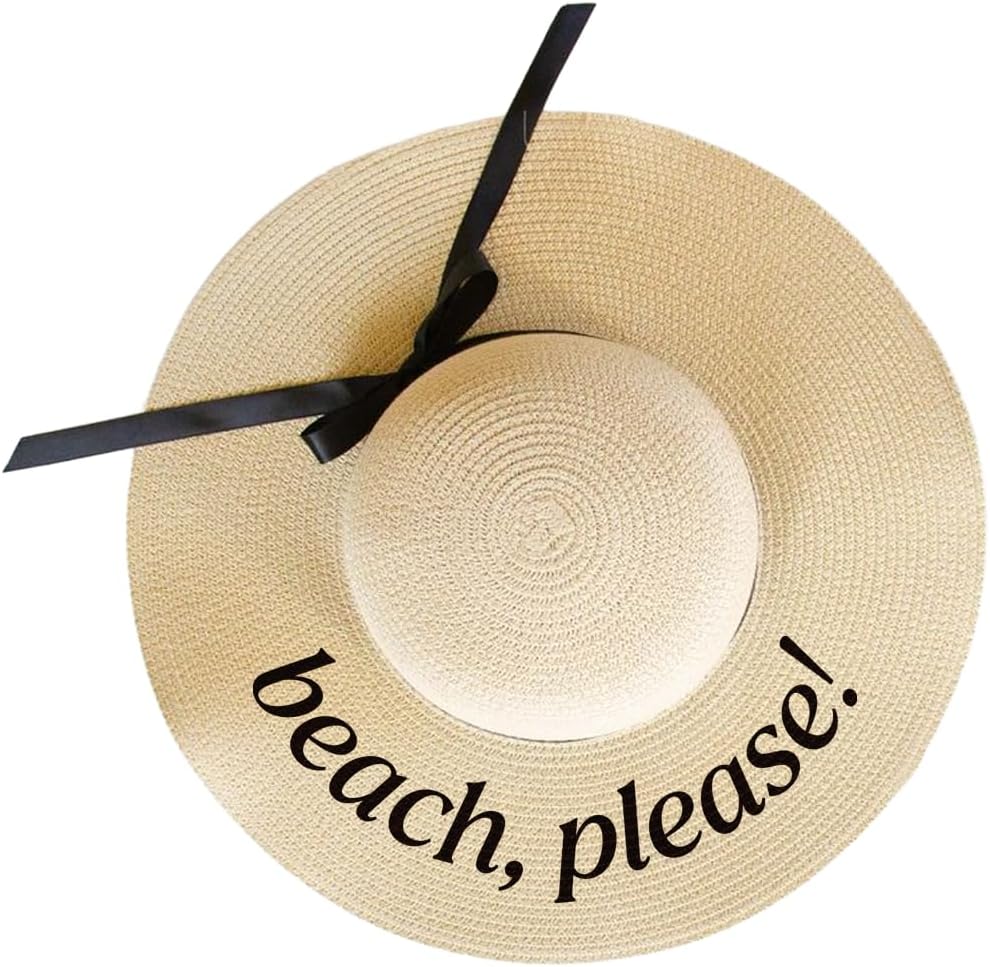 Floppy Hat - Wide Brim Straw Beach Hat for Women with Black Ribbon for Summer Vacation Travel & Sun Protection