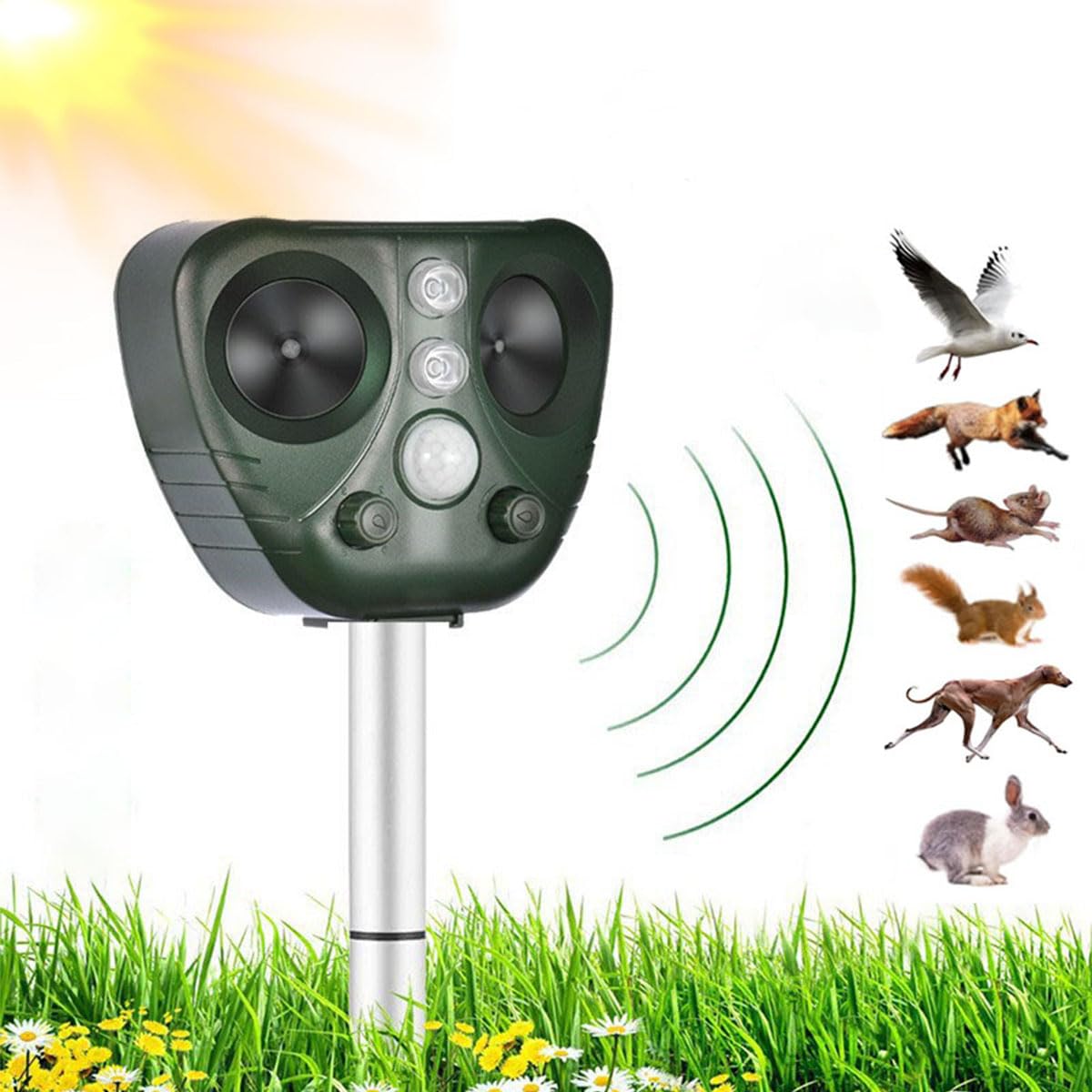 Repulsif Ultrason Chat, Repulsif Chat Exterieur Ultrason Etanche IP66, Rechargeable par énergie Solaire/USB, Empêche Les Chats, Les Chiens, Les Oiseaux, pour Le Jardin, Le Terrain...