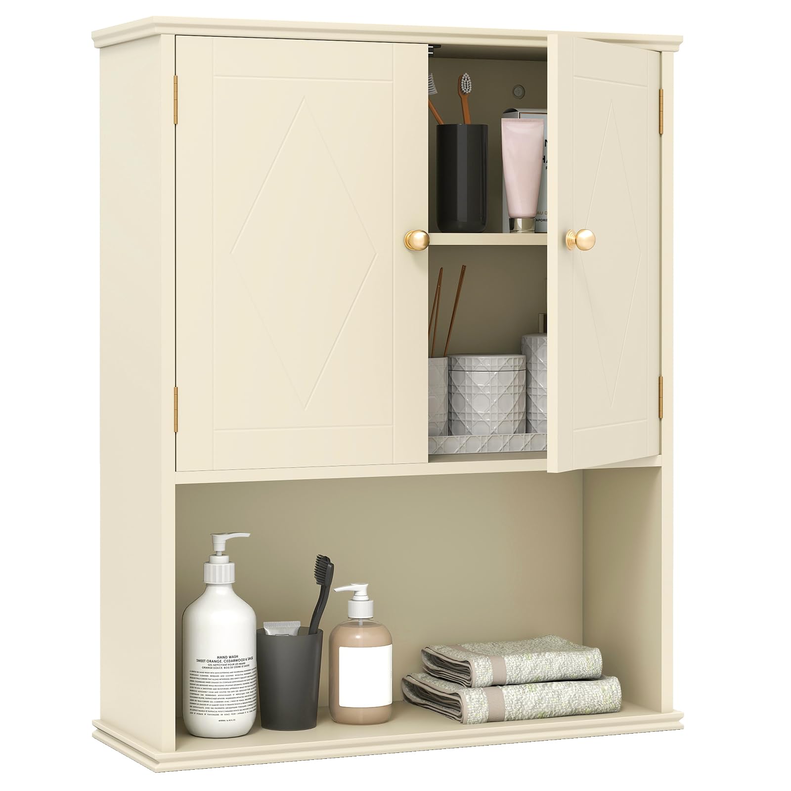 COSTWAY Bathroom Wall Cabinet, Wooden Over-The-Toilet Storage Cupboard with Double Door and Open/Adjustable Shelf, Wall Mounted Medicine Cabinet Bathroom Unit for Living Room Kitchen Laundry (Beige)