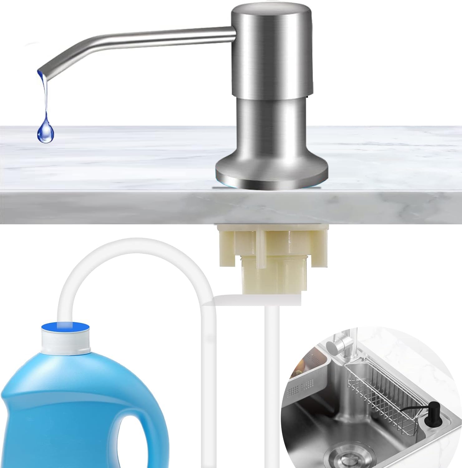 SkyJoy®dispensador jabon Cocina bajo encimera.Dispensador de jabón de Cocina de Acero Inoxidable, dispensador de jabón de Fregadero. Dosificador de jabón Empotrado con Tuerca.Plata