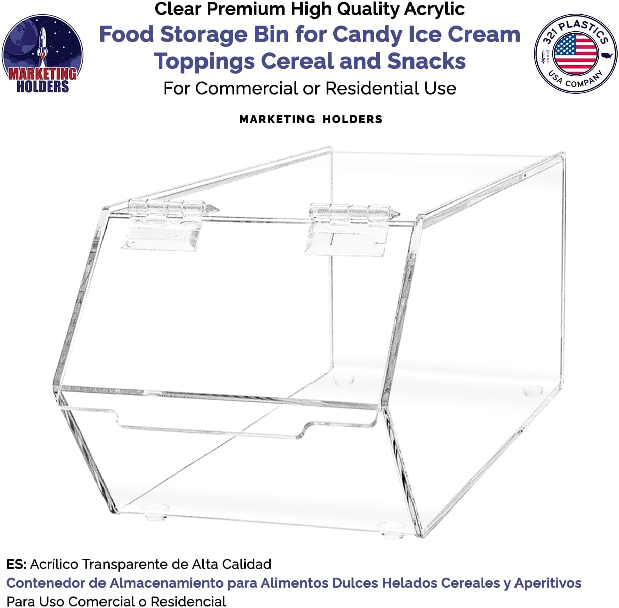 Marketing Holders Food Storage Bin with Hinged Lid for Ice Cream Toppings 5" x 13" Candies Nuts Granola Cereal and Snacks No Assembly Clear Acrylic Caddy