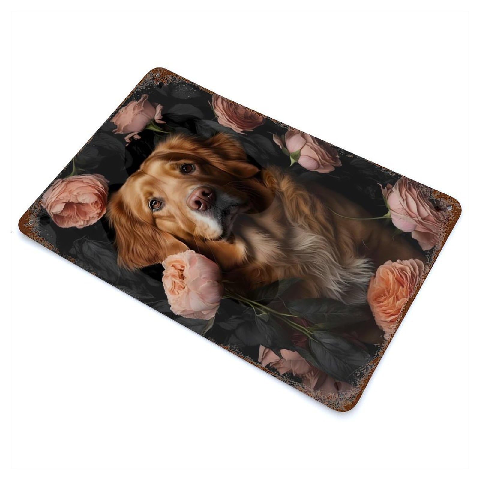 Dog In Roses Weathered Tin Sign 11.8"x7.9", Ideal for Basement, Hobby Room And Garage Decor