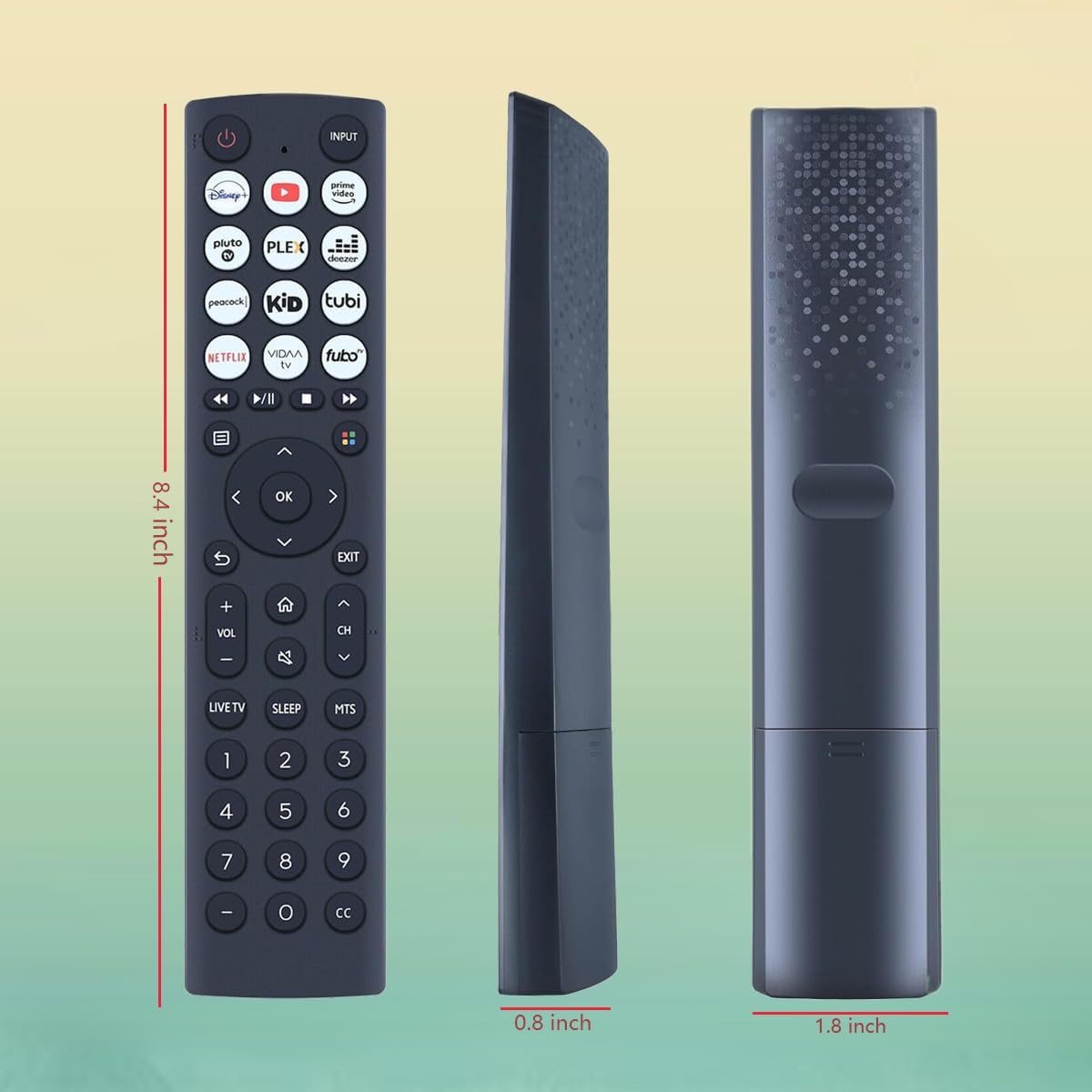 Image showing the dimensions of the GHUST ERF2B36H remote control: 8.4 inches long, 1.8 inches wide, and 0.8 inches thick.