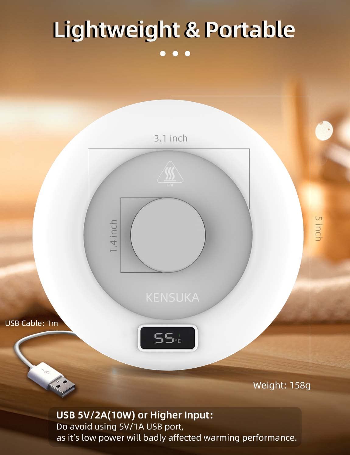 Riscaldatore per tazza da caffè KENSUKA per scrivania, funzionamento a induzione di gravità, temperatura costante di 55℃, ingresso di alimentazione USB 5V/2A, lavabile con acqua.