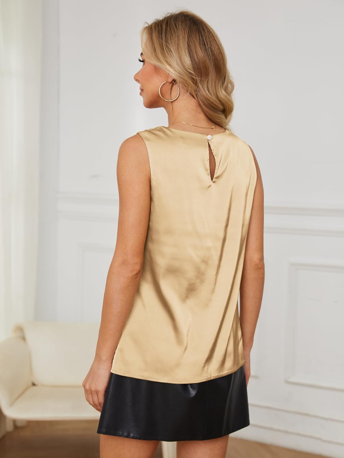 Womens Silk Satin Tank Tops Crew Neck Casual Cami Sleeveless Camisole Blouses Summer Tank Shirt Back Closure - Image 2