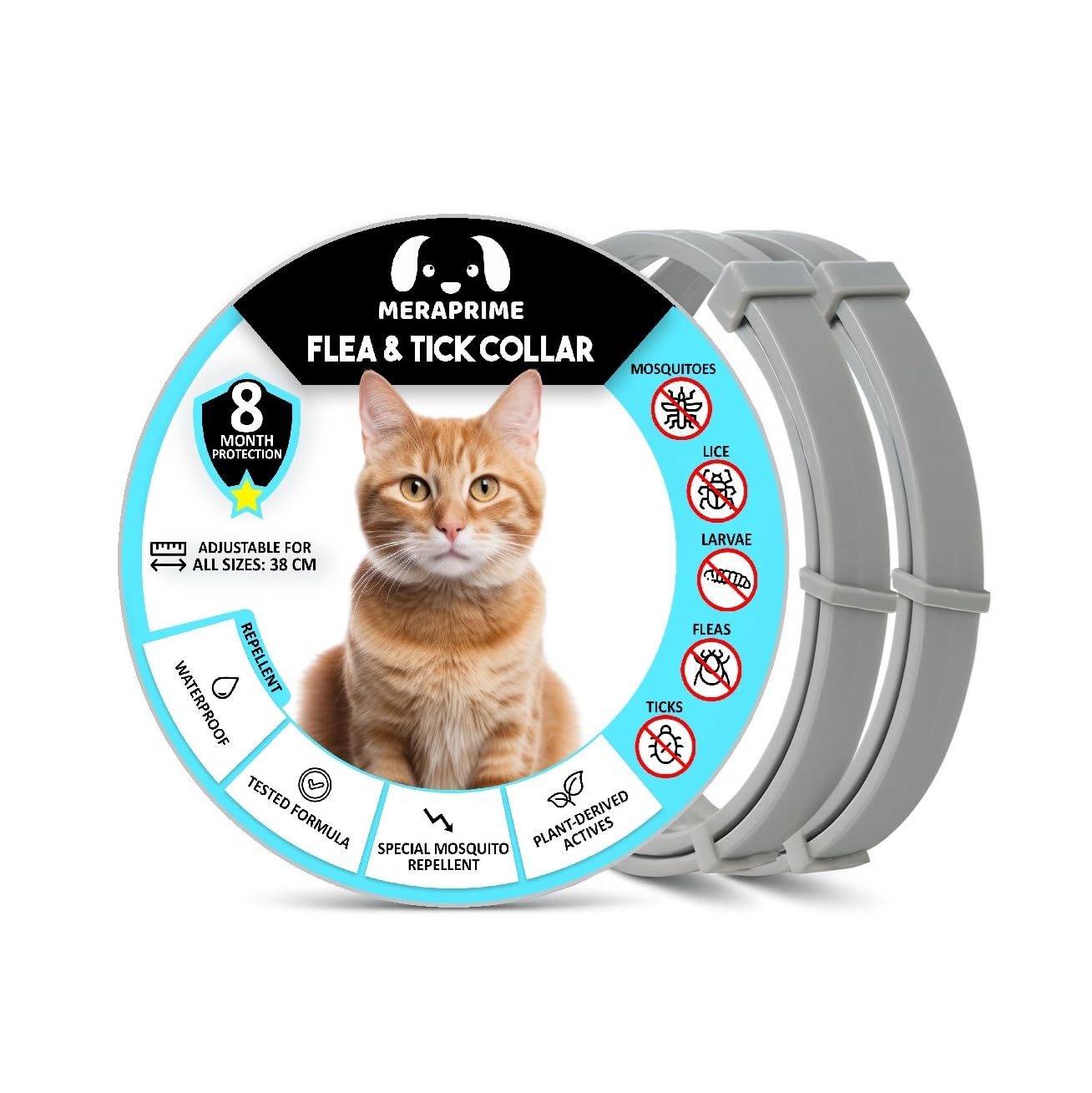 2x1 Collar Antiparasitario Gatos y Perros - Desparasitante Gatos Mosquitos, Pulgas y Garrapatas - Collar Antipulgas Gato, Desparasitacion Gato -38cm Ajustable, 8 Meses, Repelente Vegetal, Impermeable