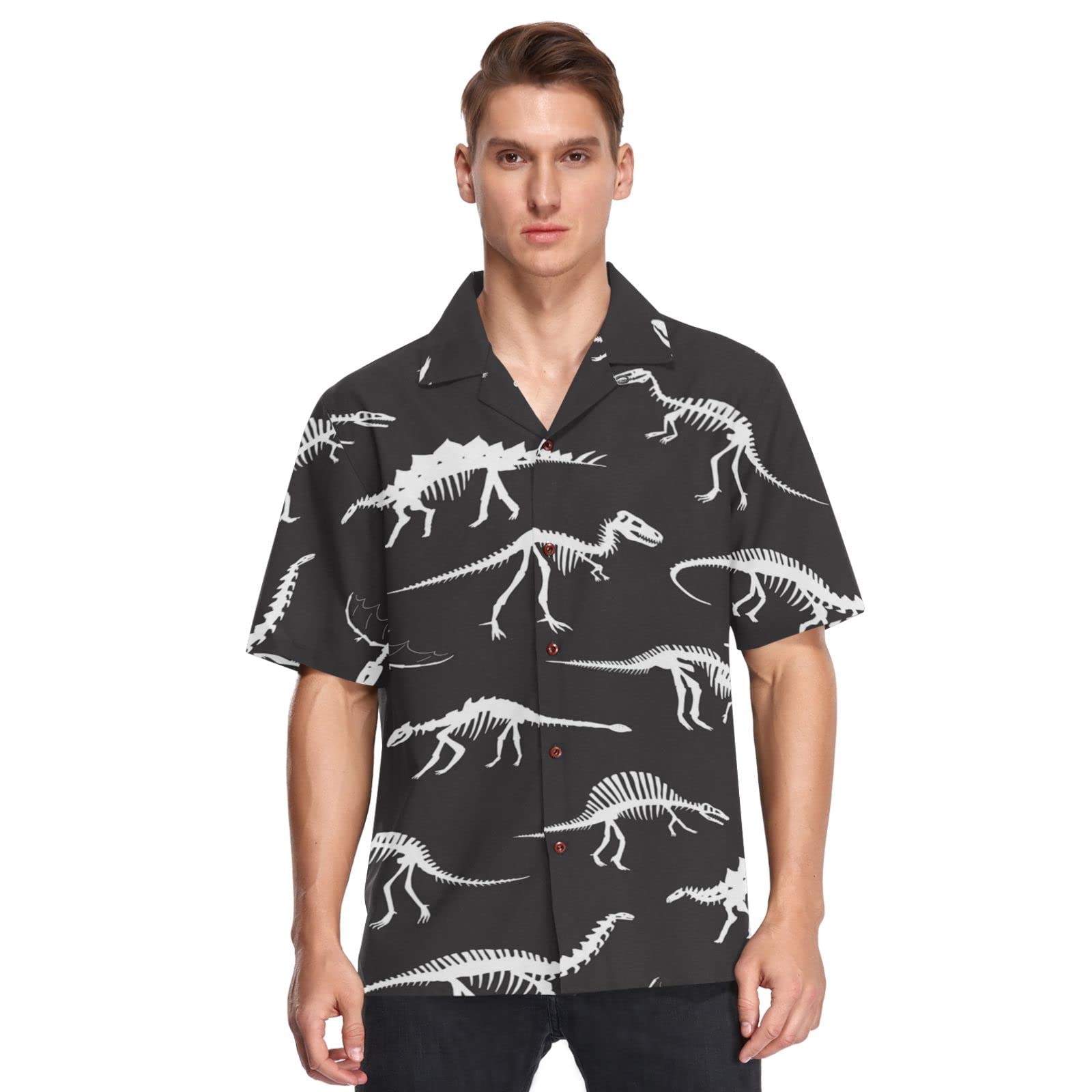 Youjuner Men's Multicoloured Short Sleeve Cute Dinosaur Bones Hawaiian Shirt Short Sleeve, Button Down Casual Beach Shirts Summer Shortsleeve