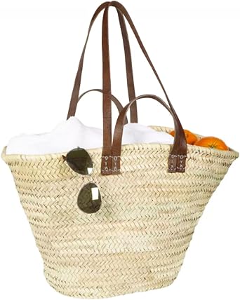 FRENCH BASKET with double flat leather handles, straw bag, beach bag, basket bag, shopping basket, straw market basket