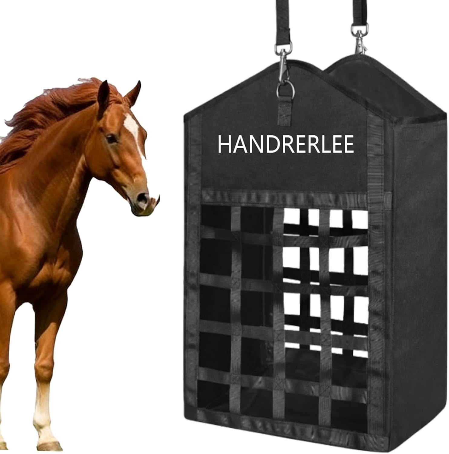Hay Bags for Horses, 2PCS Slow Feed Hay Bags for Goats, Sheep, Donkey, Two-Sided Premium Oxford Hay Feed Bags and High Strength Metal Clasp, Easy to Hang with Adjustable Strap(Black, Large 2 Pack)