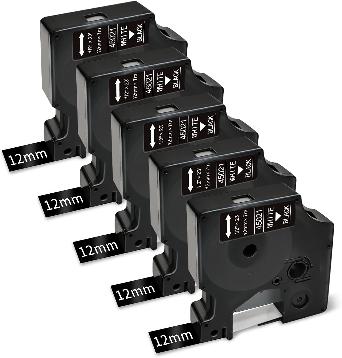 Replacement for DYMO 45021 D1 Label Tape Cartridges 1/2 in x 23 Ft | 12mm x 7m White on Black D1 Label Maker Refills for Dymo 160 280 360D 210D 420P PNP Wireless, 5 Pack