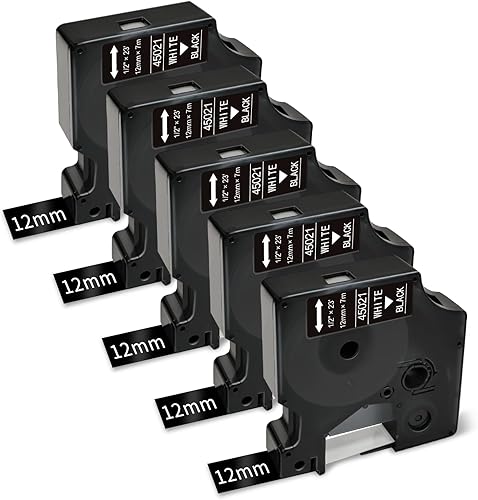 5 x 45021 de repuesto para cinta de etiquetas DYMO D1 de 1/2 pulgada x 23 pies, repuestos para etiquetadora blanca sobre negro D1 de 0.47 pulgadas