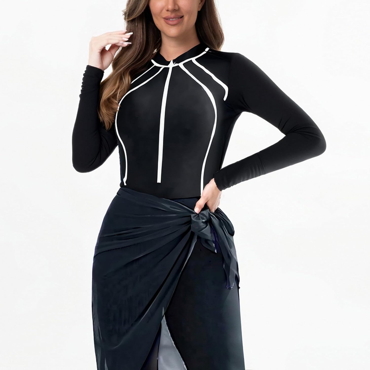 3 Piece Swimsuit Long Sleeve Rash Guard Women Full Coverage Athletic Surfing Bathing Suit with Sarong Wrap Swing Pants