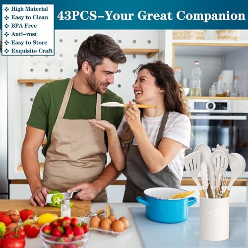 Silicone Cooking Utensils Set, 43Pcs Non-Stick Heat Resistant Kitchen Utensils Spatula Set With Wooden Handle For Baking, Cooking, And Mixing, Best Kitchen Gadgets Tools With Holder (White) #TOP6