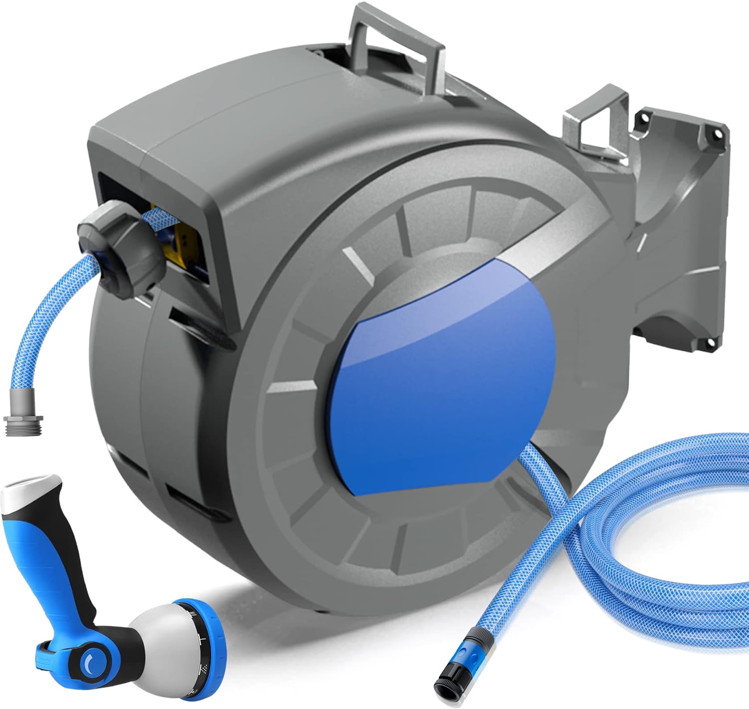 Retractable Hose Pipe 1/2" x 30m + 2m Wall Mounted Hose Reel with 10 Patterns Nozzle, Lock Any Length, 180°Swivel, Automatic Slow Rewind System