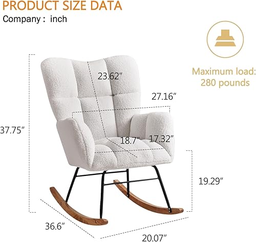 Miniatura 18 de Kiztir Mecedora para guardería, respaldo alto, deslizador de peluche, tapizado, reclinable, moderna mecedora para dormitorio, sala de estar,