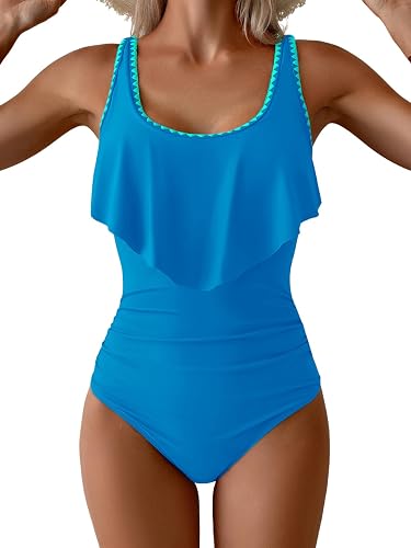 Ruffled Shell Stitched One Piece Swimsuit Tummy Control Bathing Suit