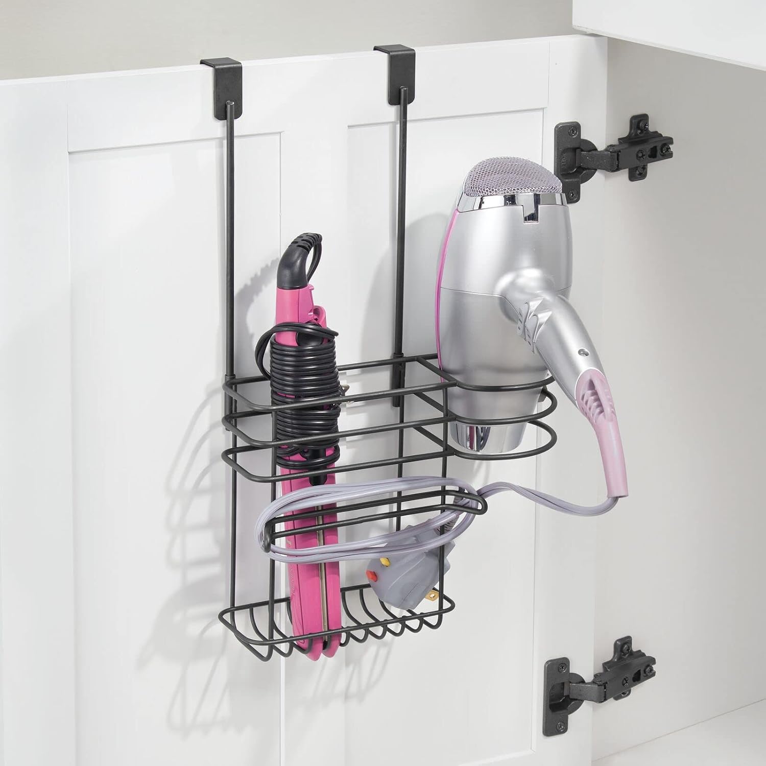 mDesign Metal Bathroom 2 Section Storage Tool Organizer Basket Tray - Hang Over Cabinet Door - Storage for Hair Dryer, Straightener, Curling Iron, Styling Products - Concerto Collection - Matte Black